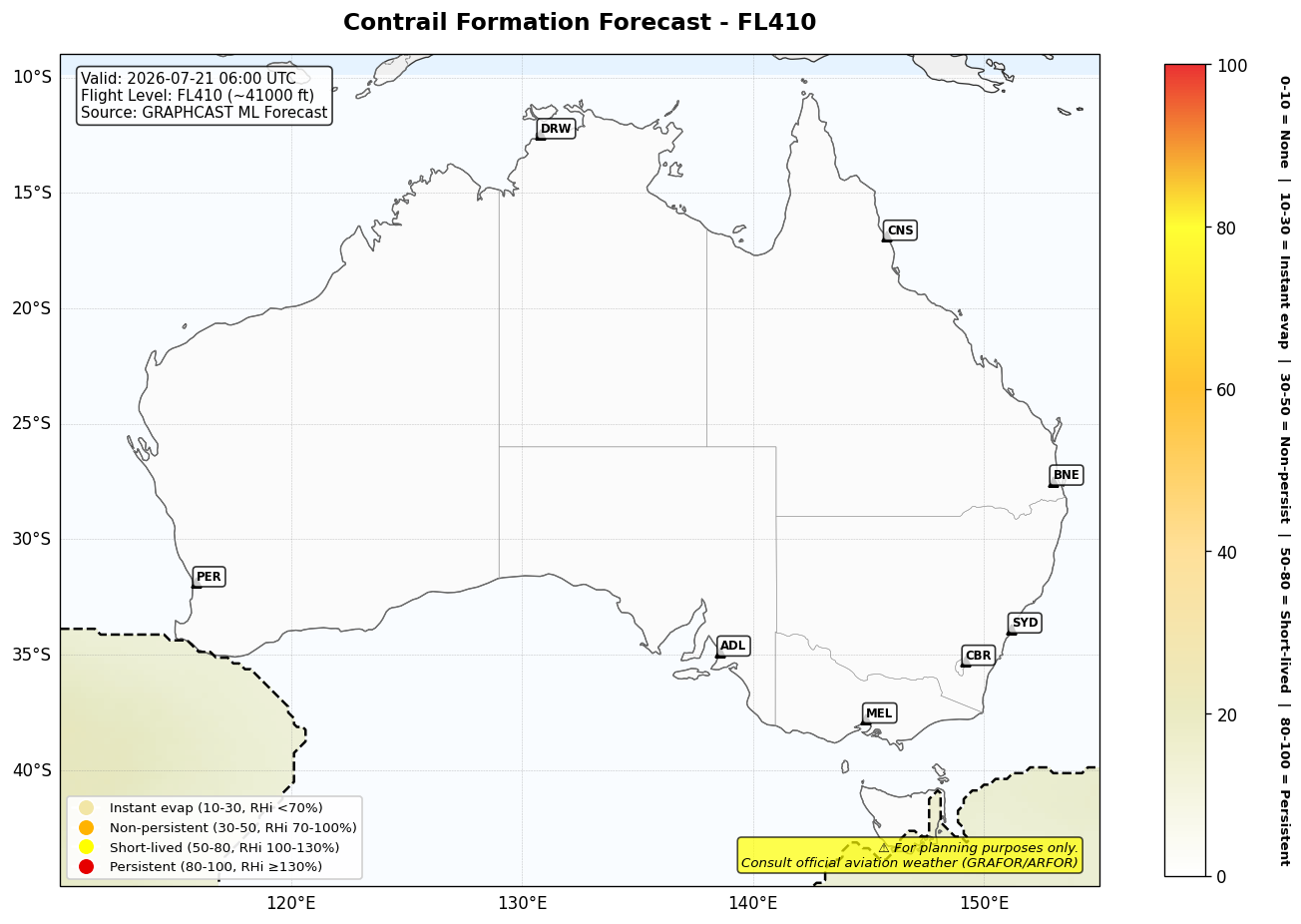 Contrail forecast for FL410 at 2026-07-21 06:00 UTC