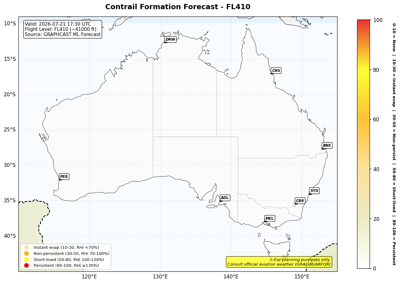 Contrail forecast for FL410 at 2026-07-21 17:30 UTC