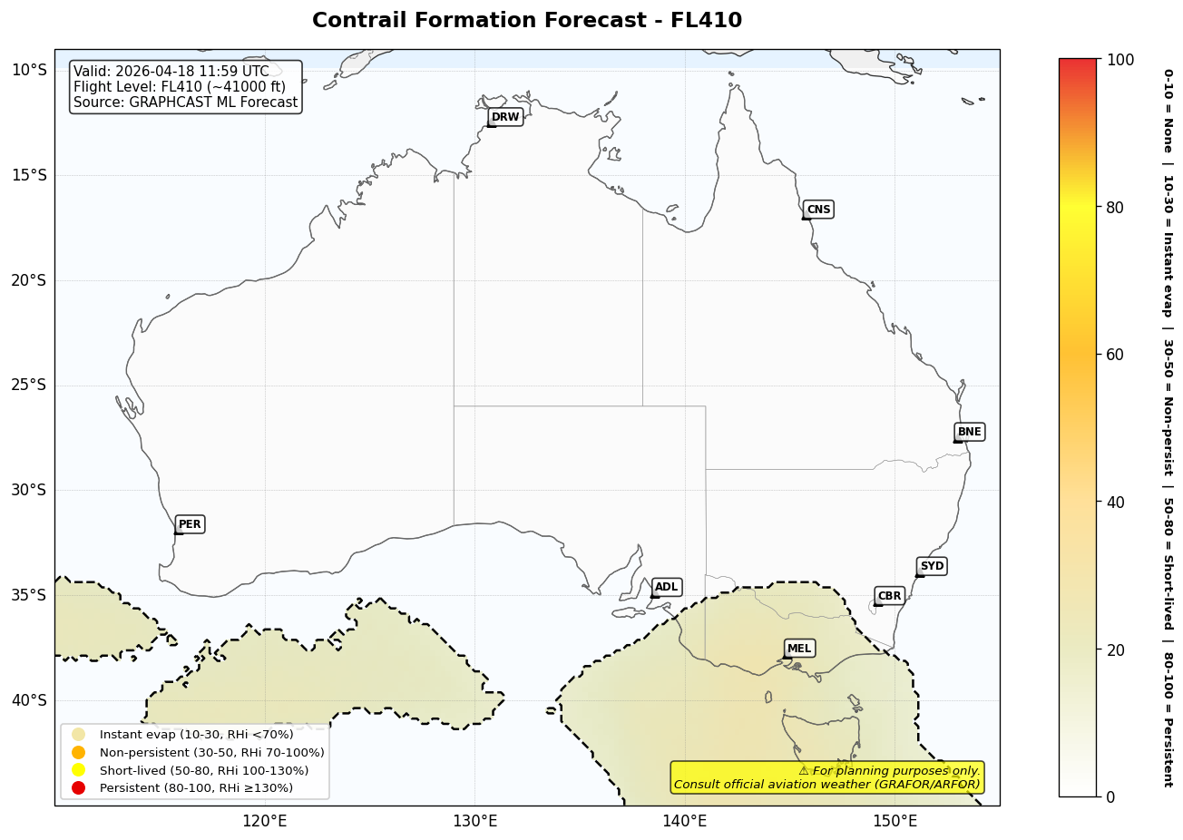 Contrail forecast for FL410 at 2026-04-18 11:59 UTC