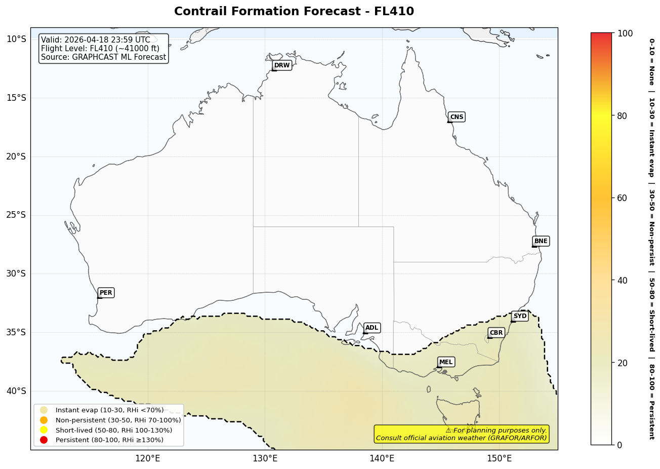 Contrail forecast for FL410 at 2026-04-18 23:59 UTC