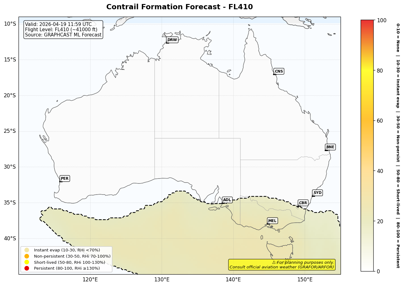 Contrail forecast for FL410 at 2026-04-19 11:59 UTC