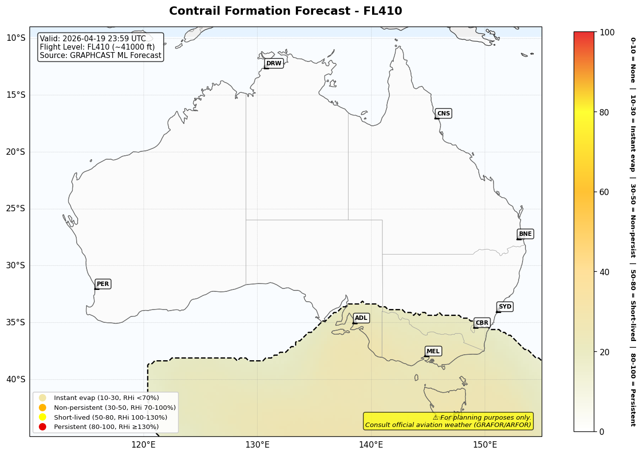 Contrail forecast for FL410 at 2026-04-19 23:59 UTC