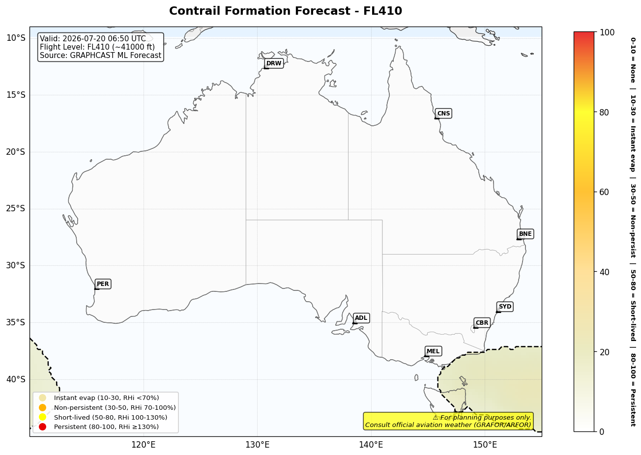 Contrail forecast for FL410 at 2026-07-20 06:50 UTC