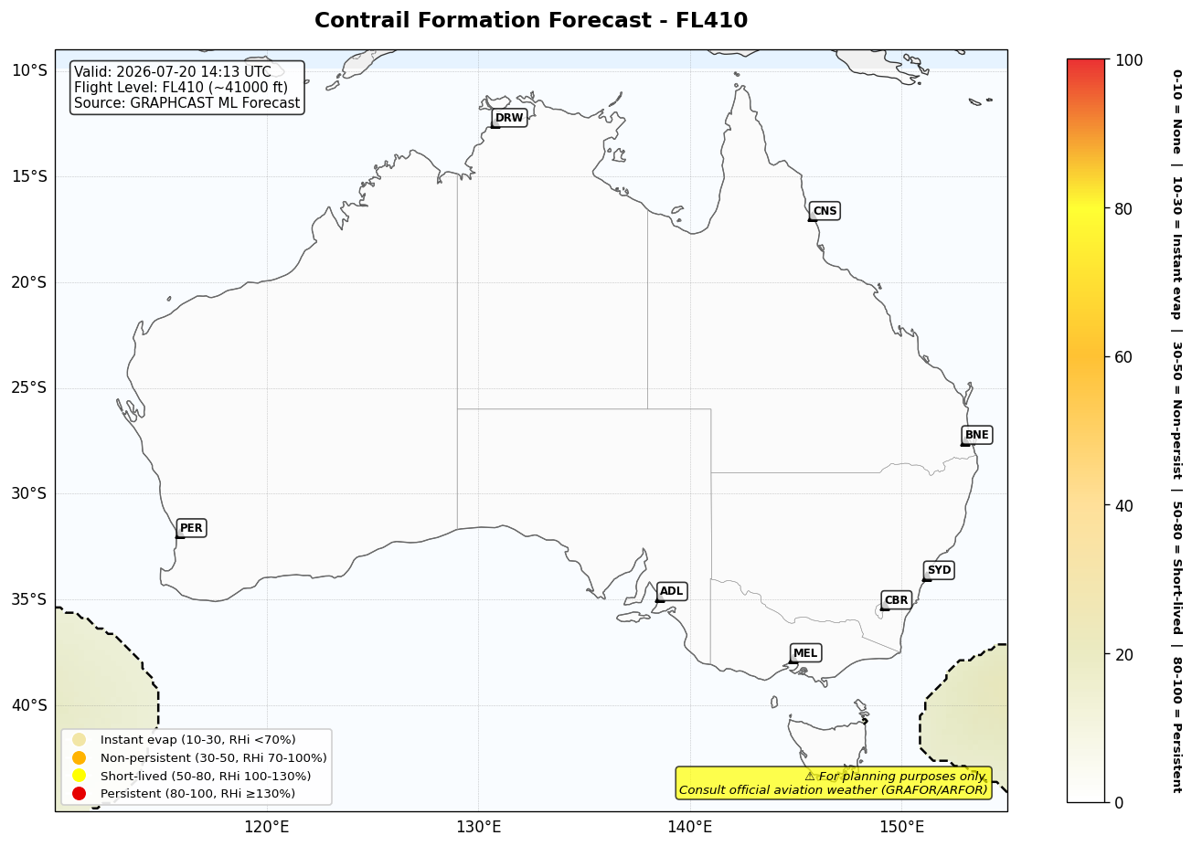 Contrail forecast for FL410 at 2026-07-20 14:13 UTC
