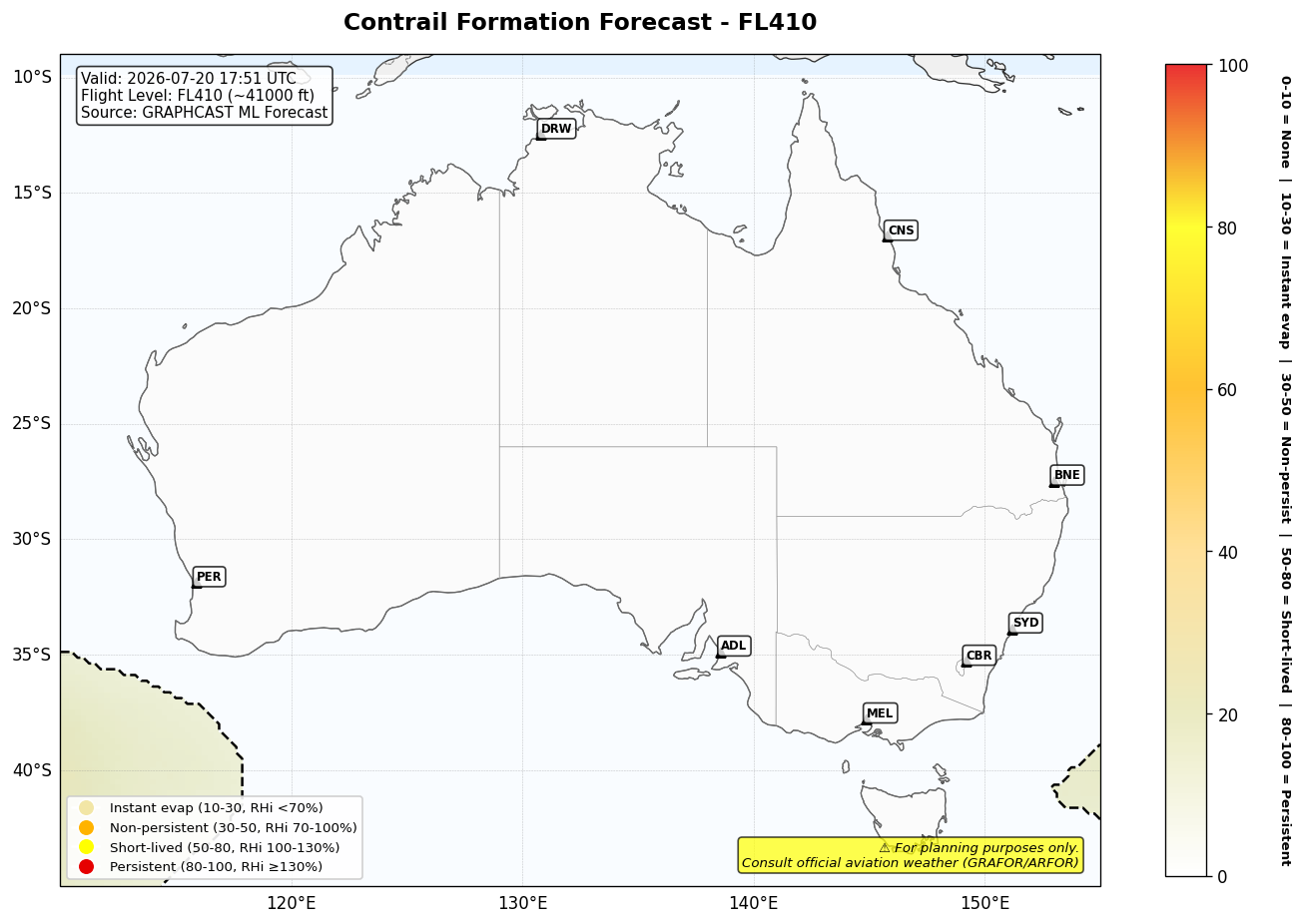 Contrail forecast for FL410 at 2026-07-20 17:51 UTC