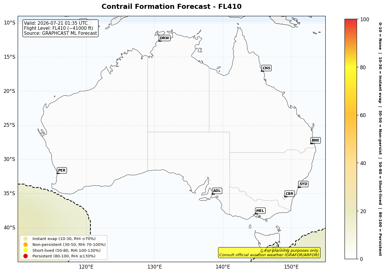 Contrail forecast for FL410 at 2026-07-21 01:35 UTC
