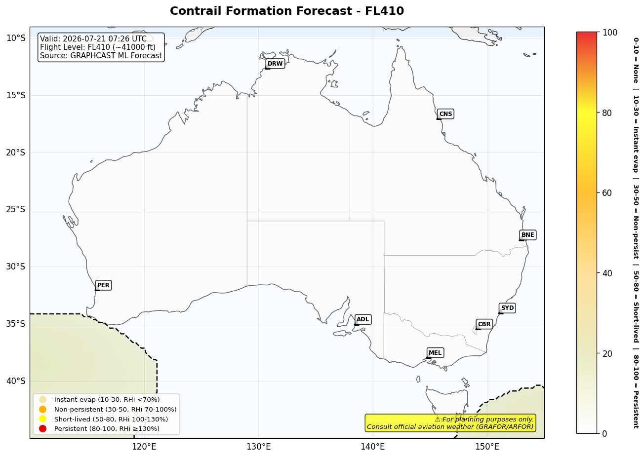 Contrail forecast for FL410 at 2026-07-21 07:26 UTC