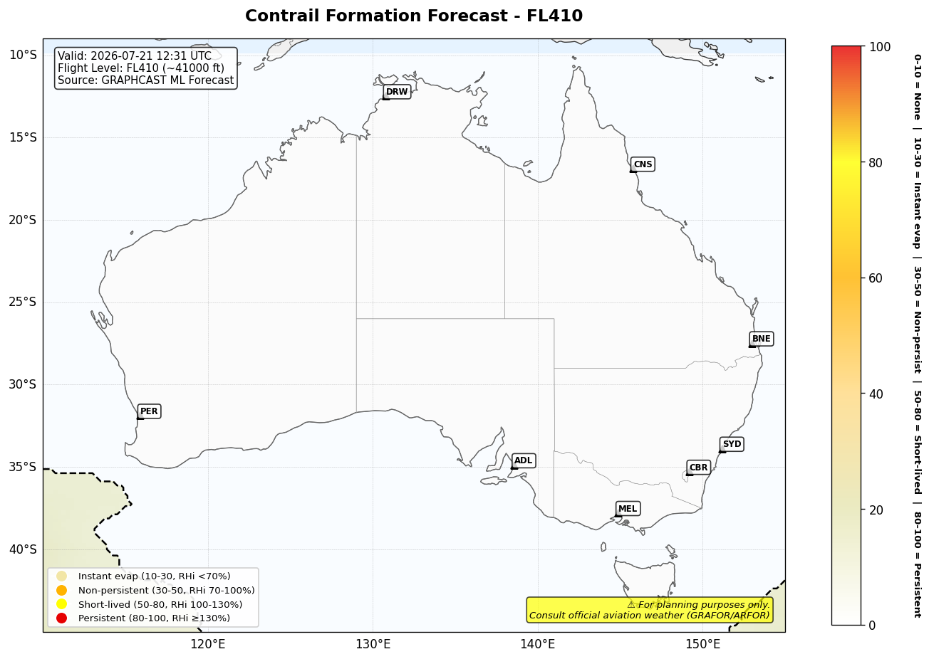 Contrail forecast for FL410 at 2026-07-21 12:31 UTC