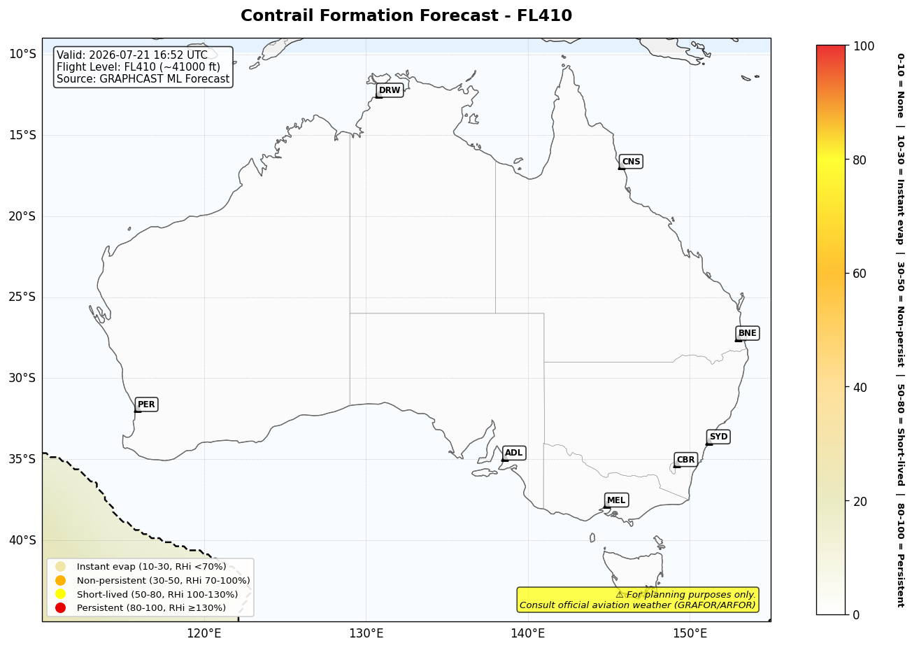 Contrail forecast for FL410 at 2026-07-21 16:52 UTC