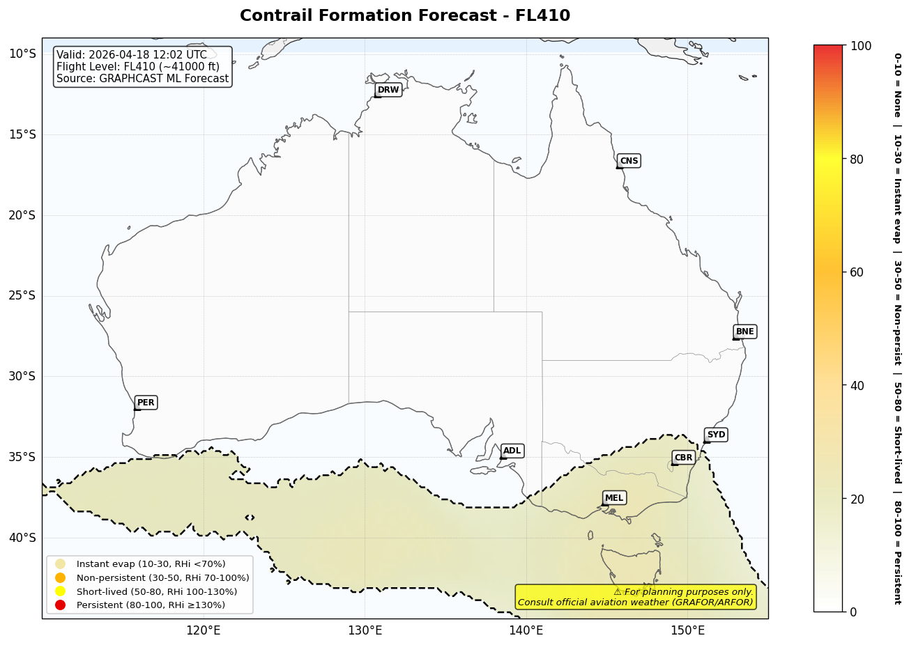 Contrail forecast for FL410 at 2026-04-18 12:02 UTC