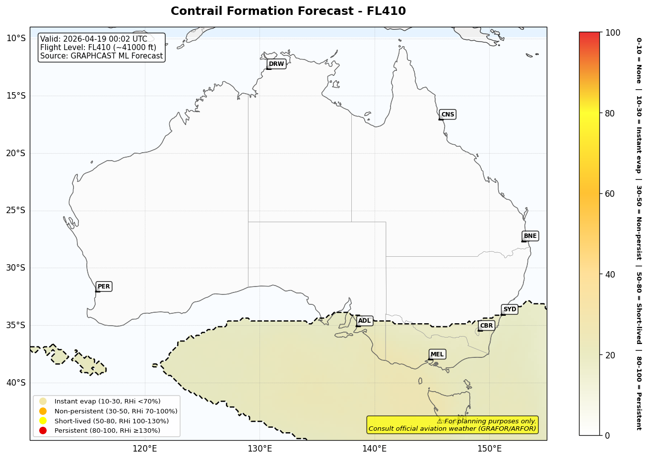 Contrail forecast for FL410 at 2026-04-19 00:02 UTC