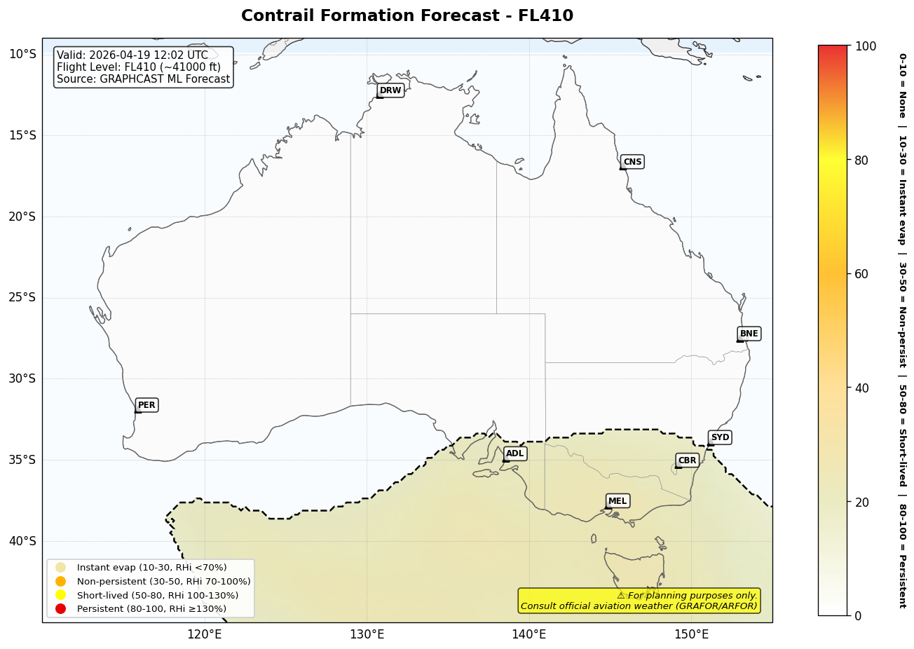 Contrail forecast for FL410 at 2026-04-19 12:02 UTC