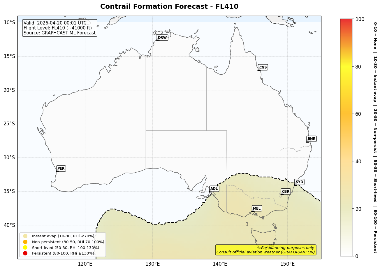 Contrail forecast for FL410 at 2026-04-20 00:01 UTC