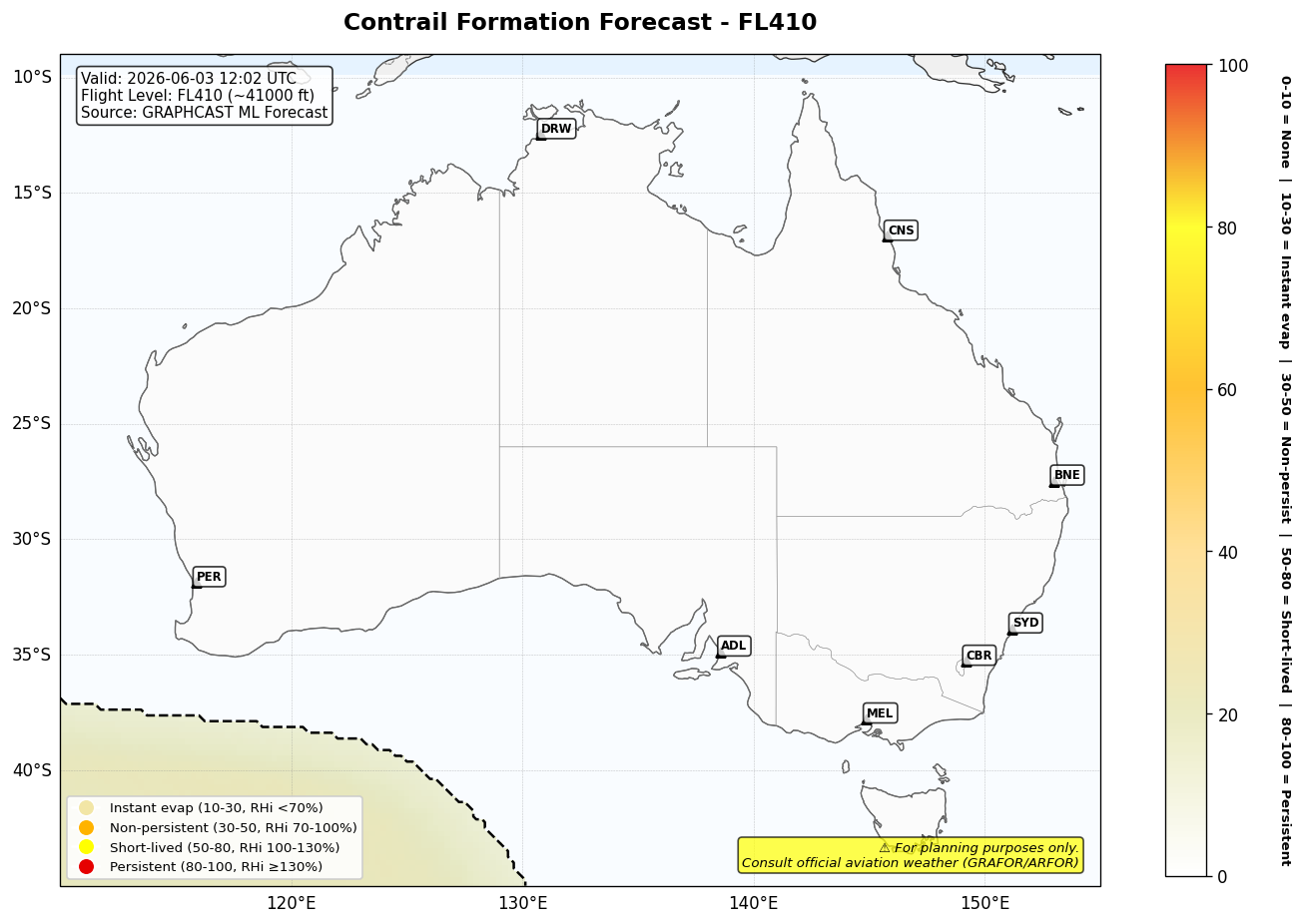 Contrail forecast for FL410 at 2026-06-03 12:02 UTC