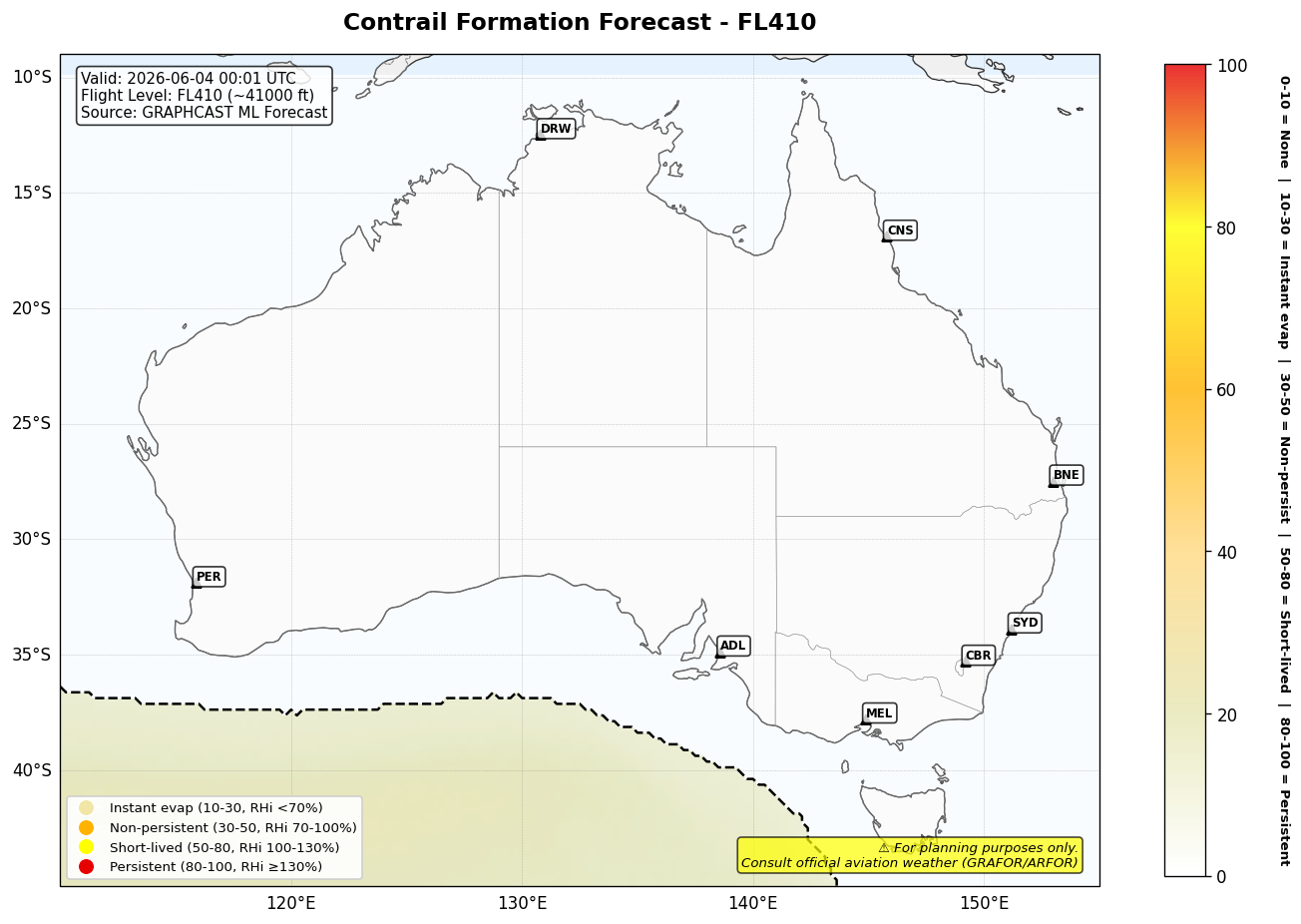 Contrail forecast for FL410 at 2026-06-04 00:01 UTC