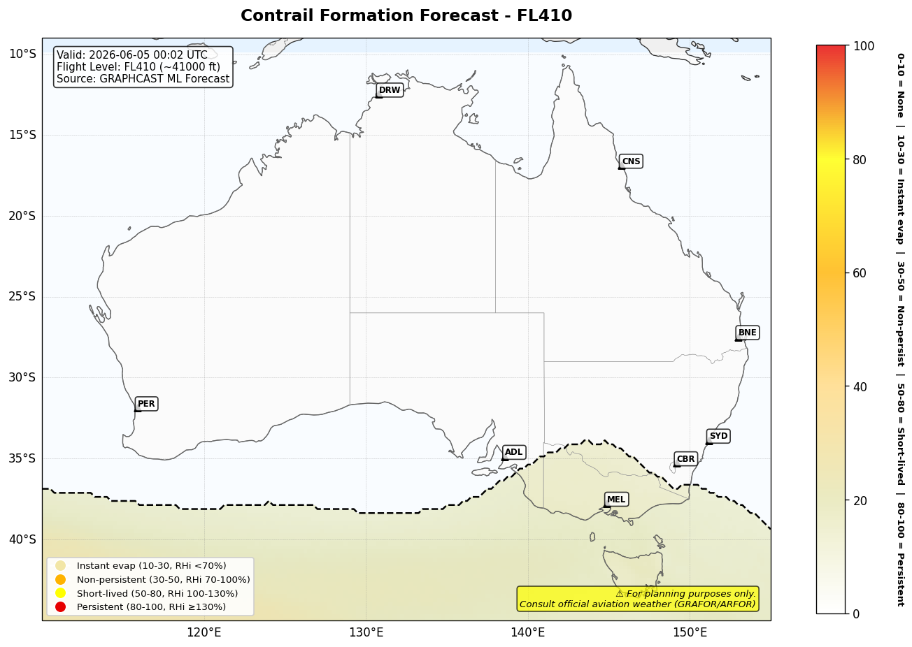 Contrail forecast for FL410 at 2026-06-05 00:02 UTC