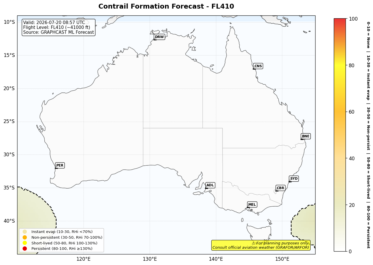 Contrail forecast for FL410 at 2026-07-20 08:57 UTC