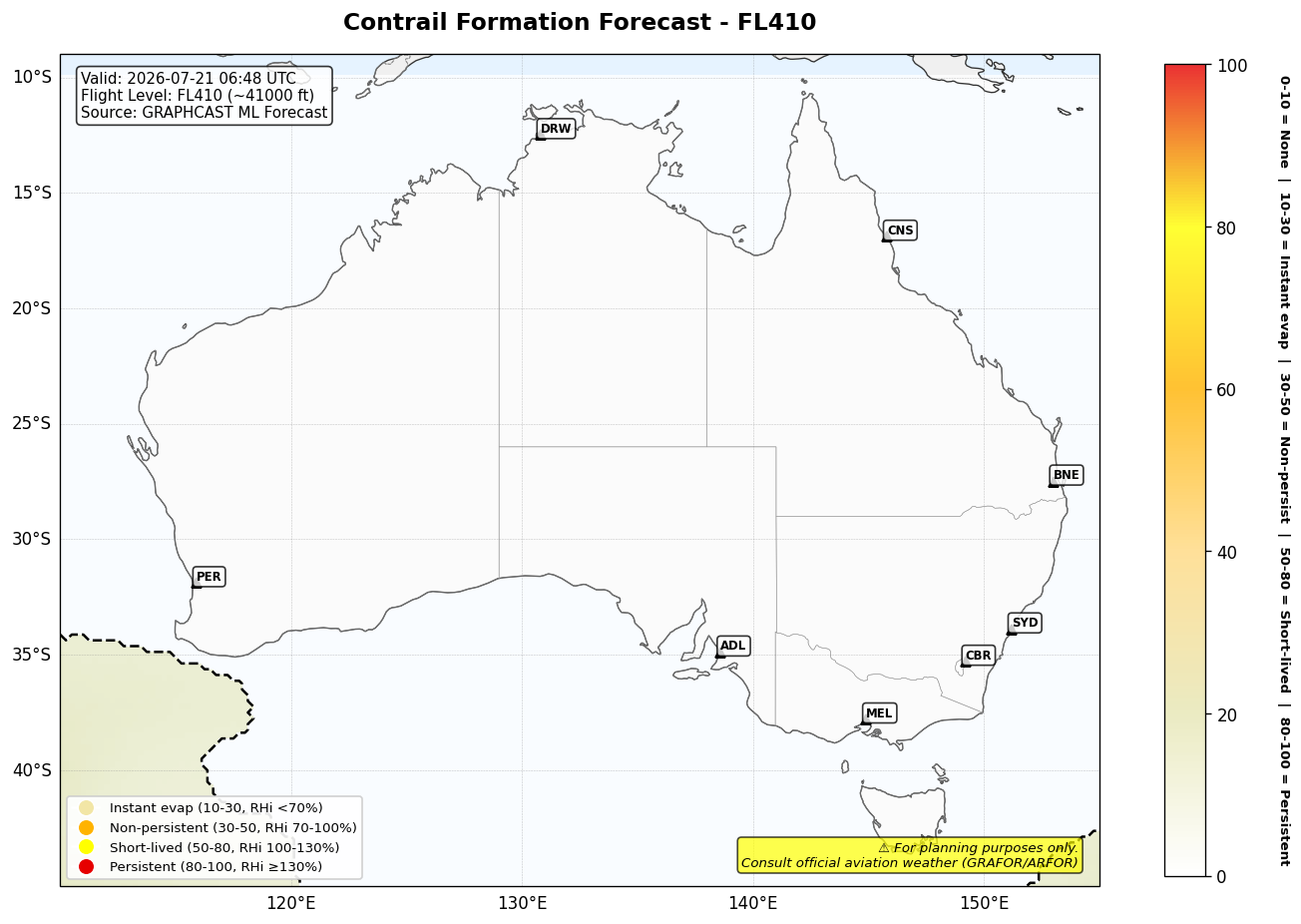 Contrail forecast for FL410 at 2026-07-21 06:48 UTC