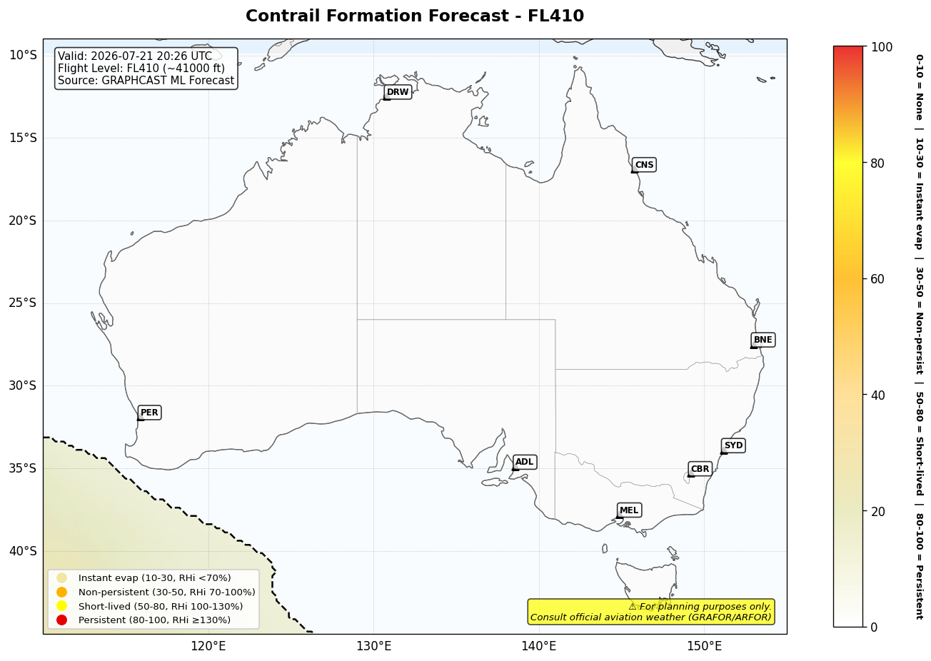 Contrail forecast for FL410 at 2026-07-21 20:26 UTC