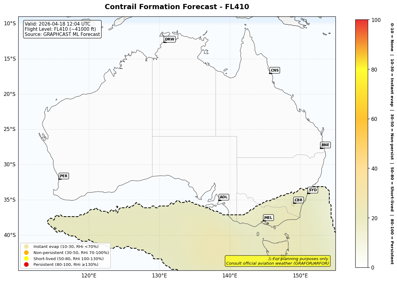 Contrail forecast for FL410 at 2026-04-18 12:04 UTC