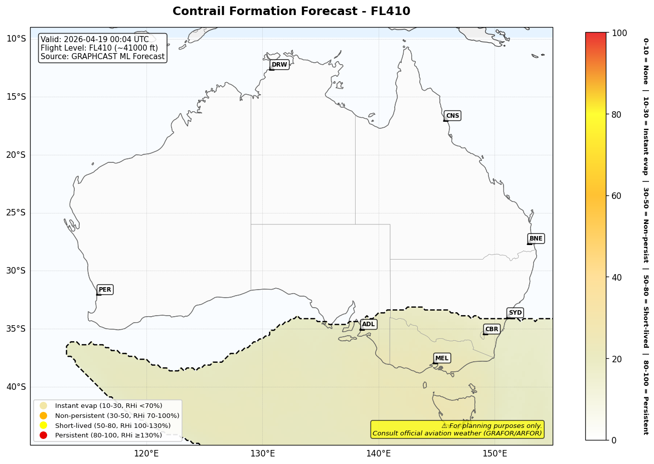 Contrail forecast for FL410 at 2026-04-19 00:04 UTC