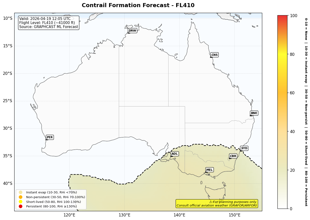 Contrail forecast for FL410 at 2026-04-19 12:05 UTC