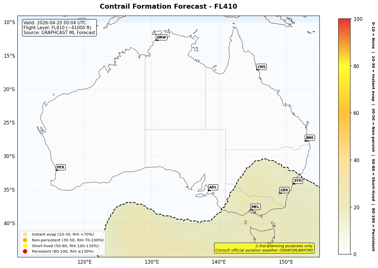 Contrail forecast for FL410 at 2026-04-20 00:04 UTC