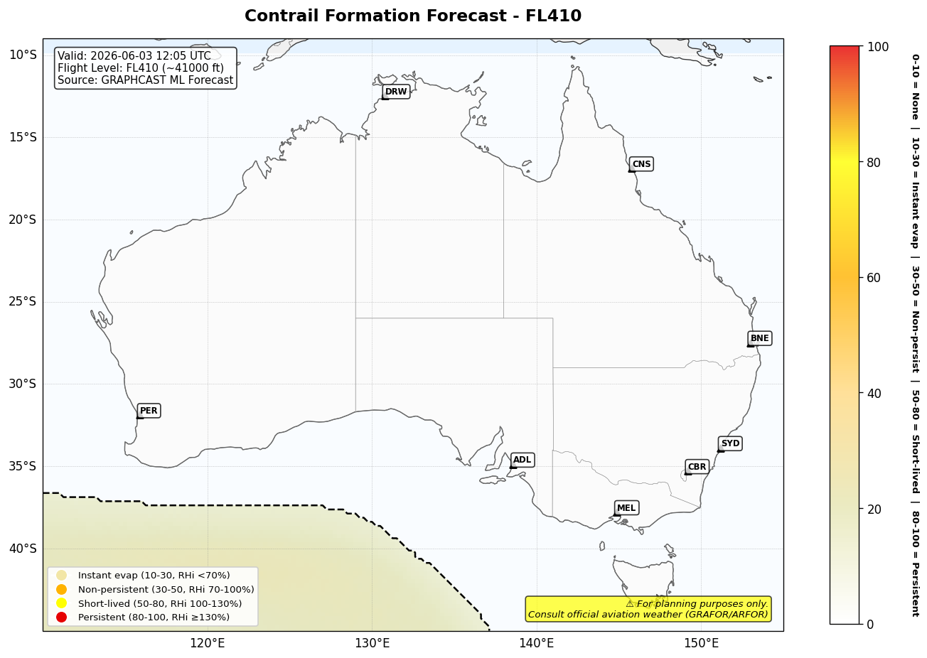Contrail forecast for FL410 at 2026-06-03 12:05 UTC