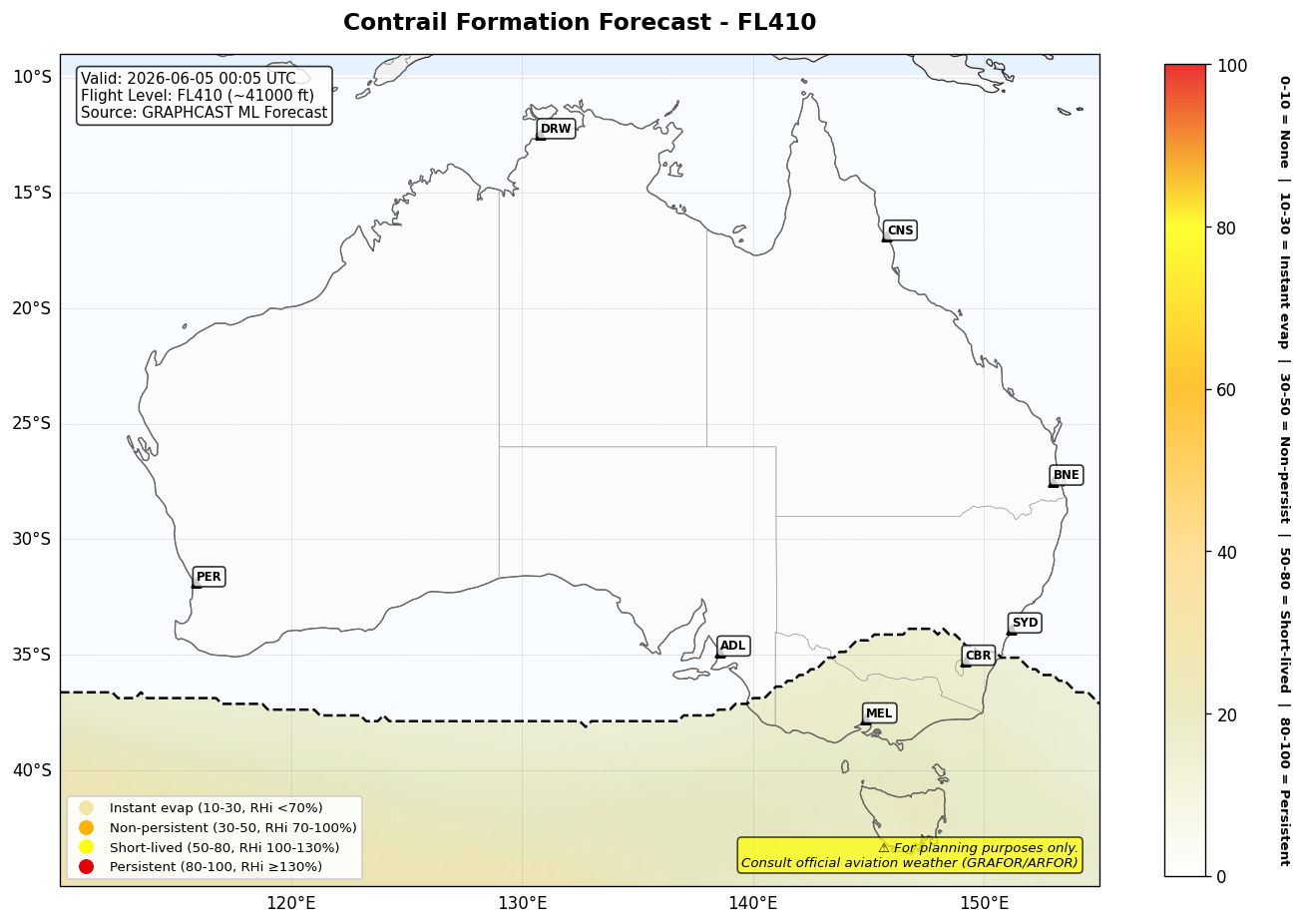 Contrail forecast for FL410 at 2026-06-05 00:05 UTC