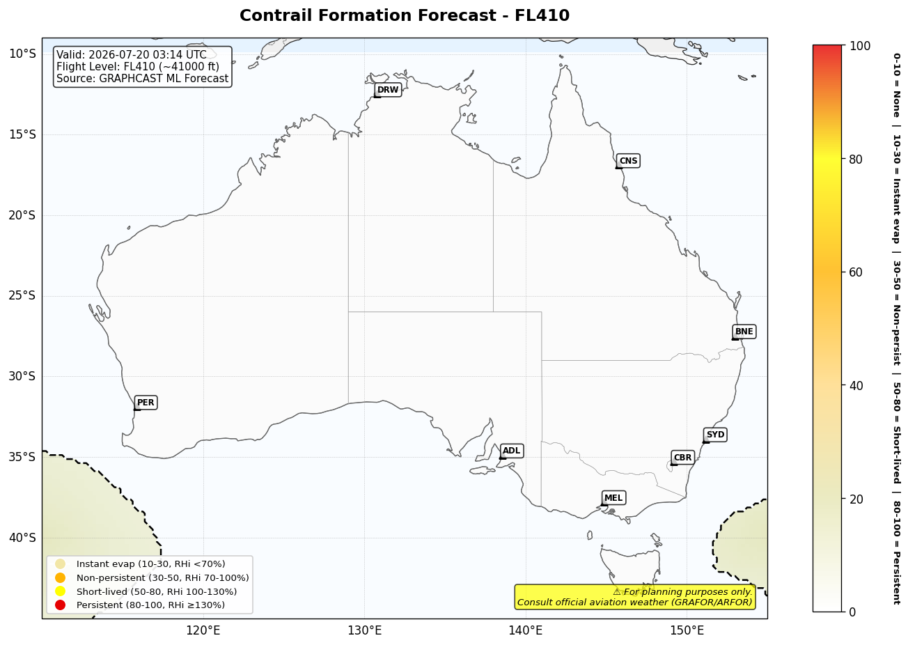 Contrail forecast for FL410 at 2026-07-20 03:14 UTC