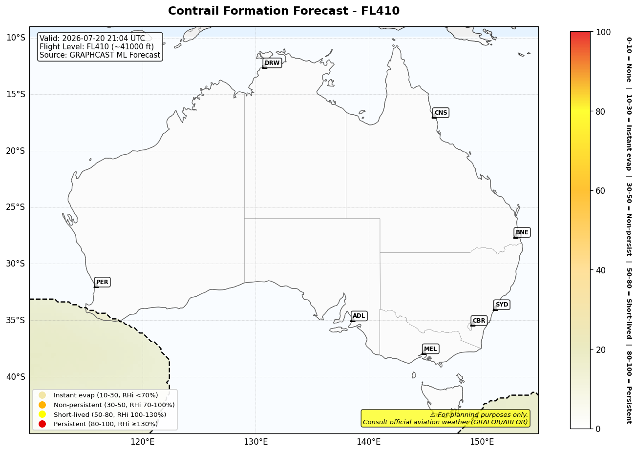 Contrail forecast for FL410 at 2026-07-20 21:04 UTC
