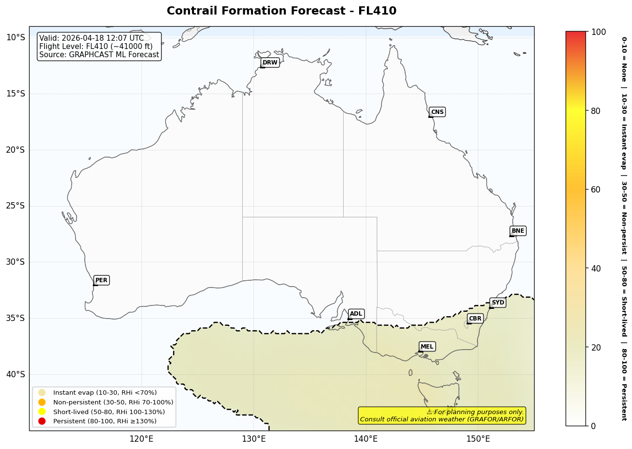 Contrail forecast for FL410 at 2026-04-18 12:07 UTC