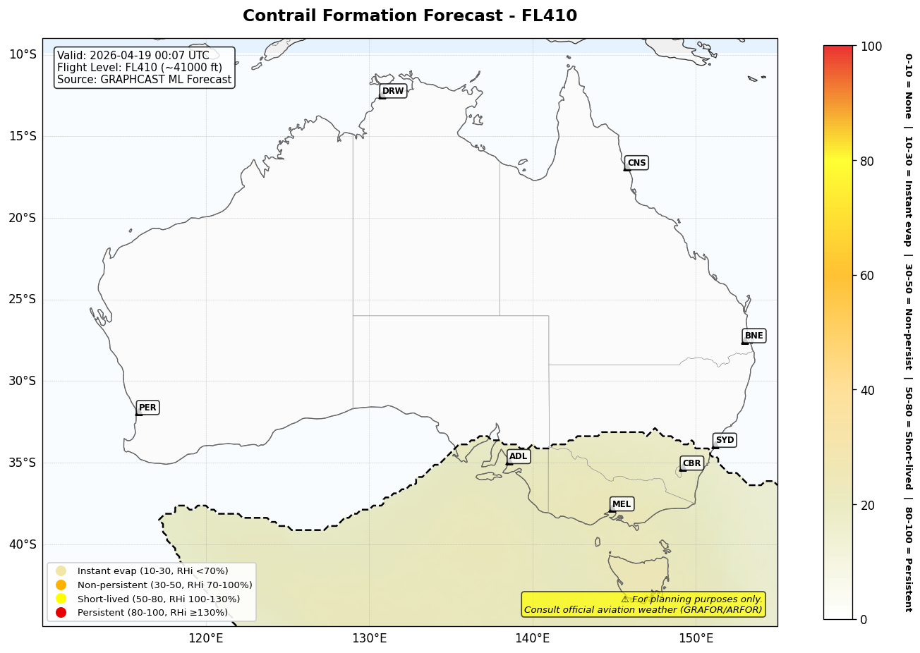 Contrail forecast for FL410 at 2026-04-19 00:07 UTC