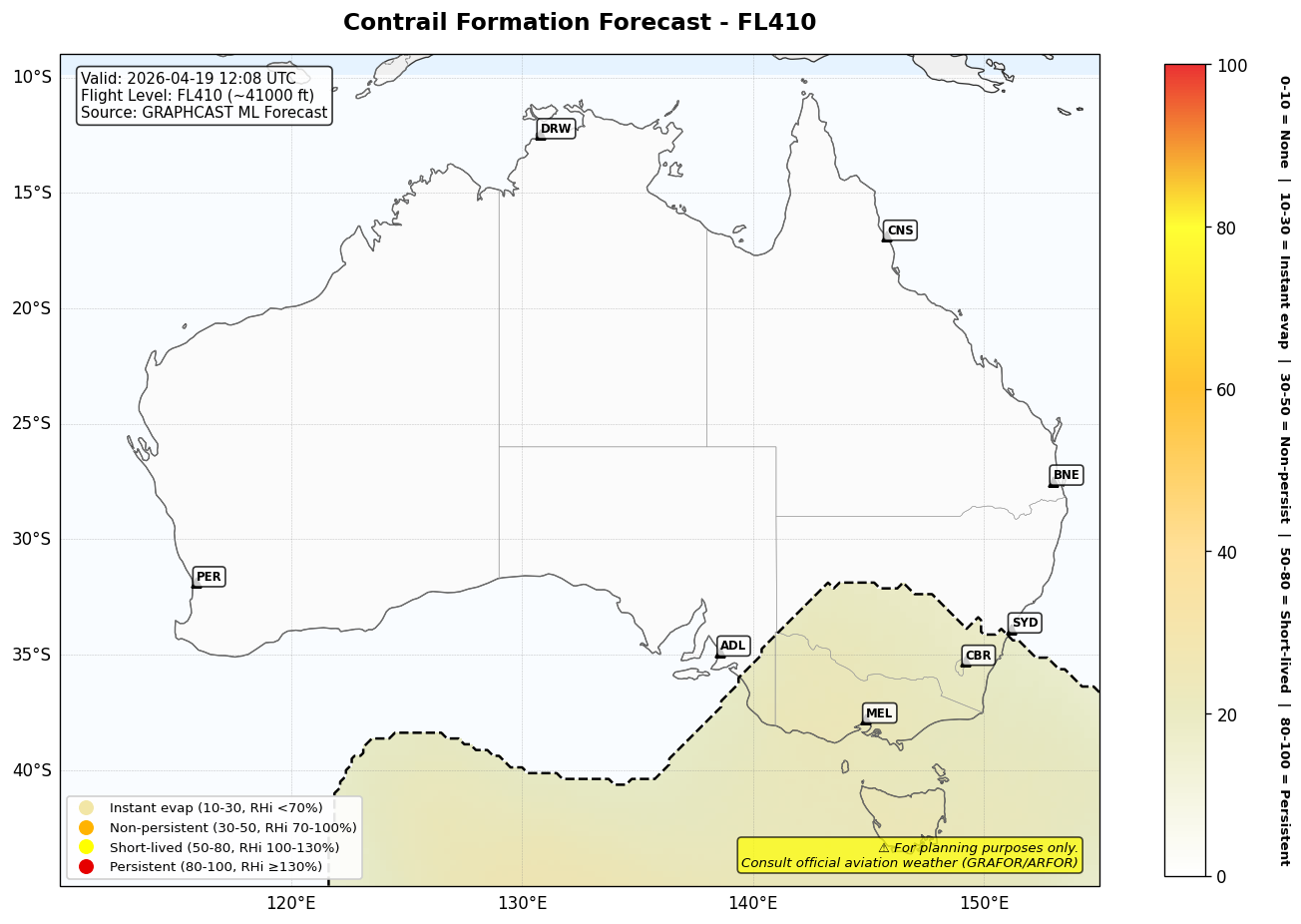 Contrail forecast for FL410 at 2026-04-19 12:08 UTC