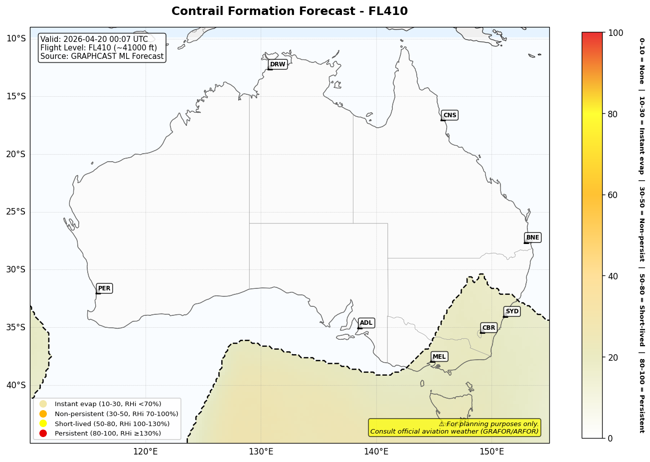 Contrail forecast for FL410 at 2026-04-20 00:07 UTC