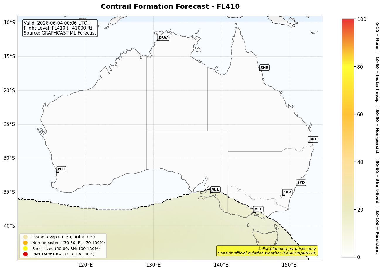 Contrail forecast for FL410 at 2026-06-04 00:06 UTC