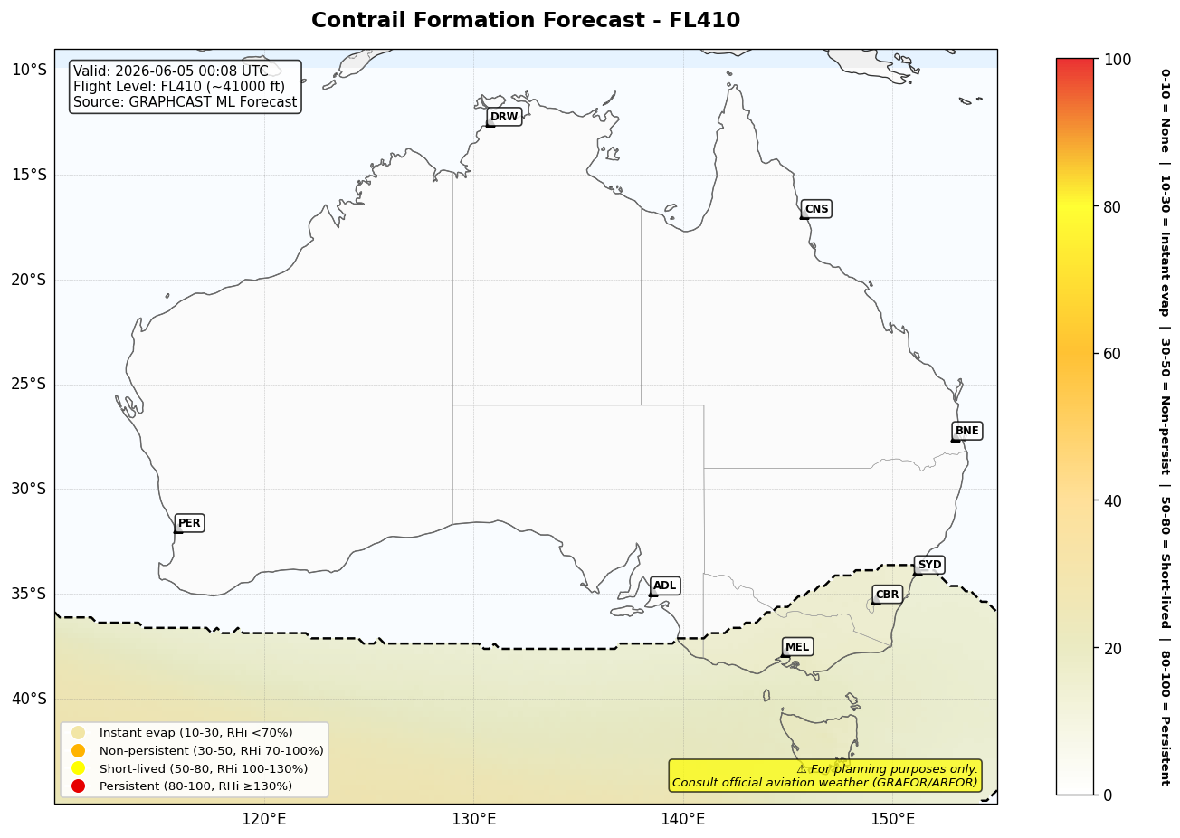 Contrail forecast for FL410 at 2026-06-05 00:08 UTC