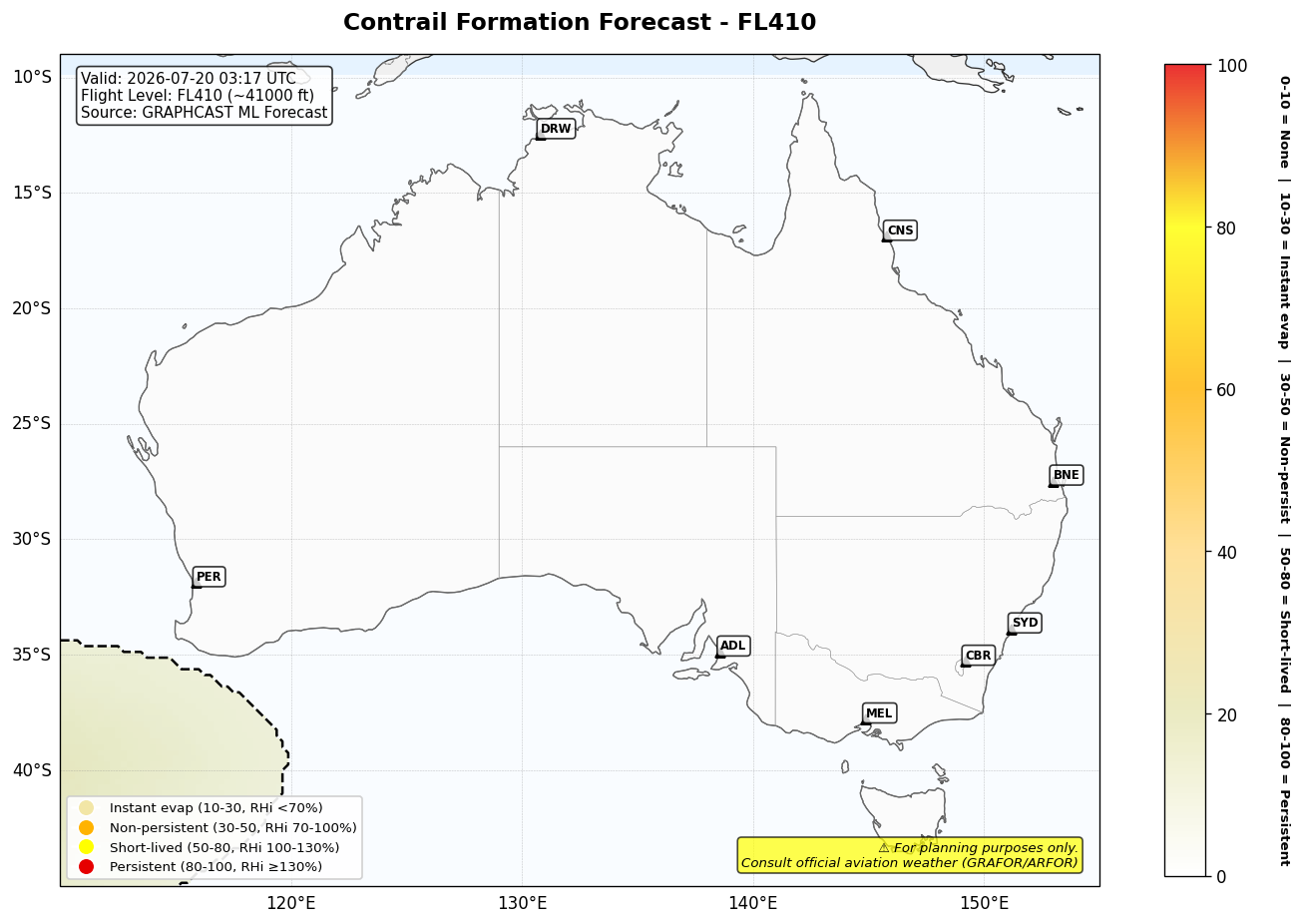 Contrail forecast for FL410 at 2026-07-20 03:17 UTC