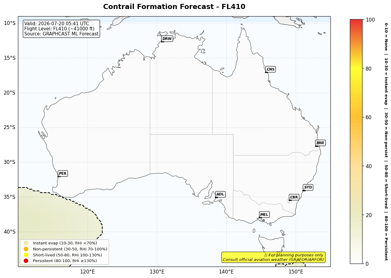 Contrail forecast for FL410 at 2026-07-20 05:41 UTC