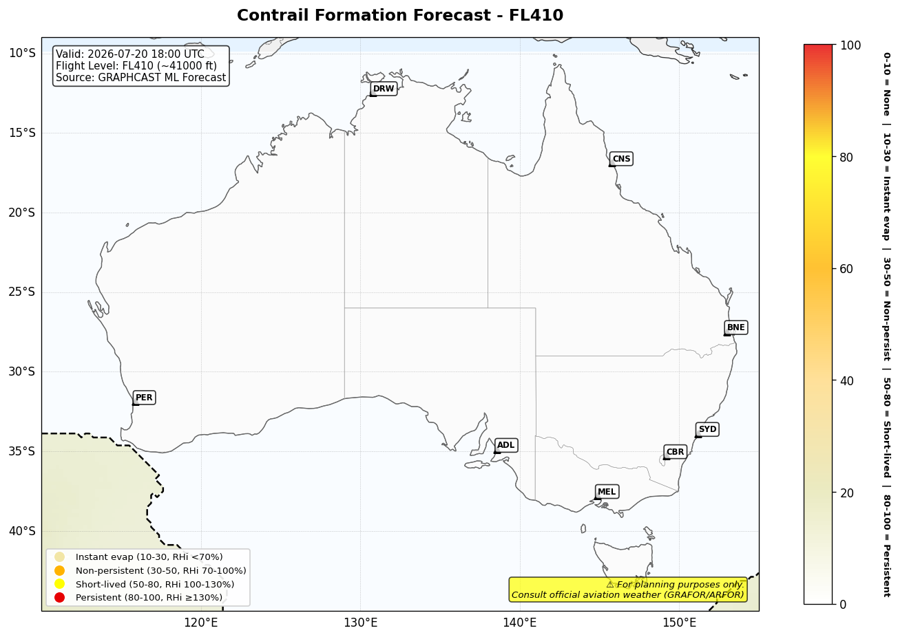 Contrail forecast for FL410 at 2026-07-20 18:00 UTC