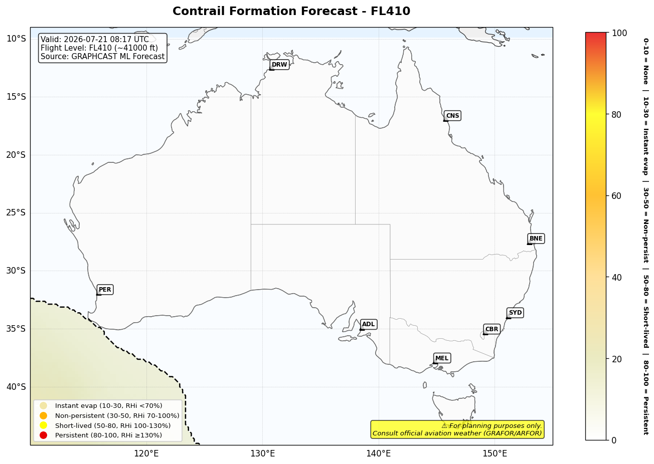 Contrail forecast for FL410 at 2026-07-21 08:17 UTC