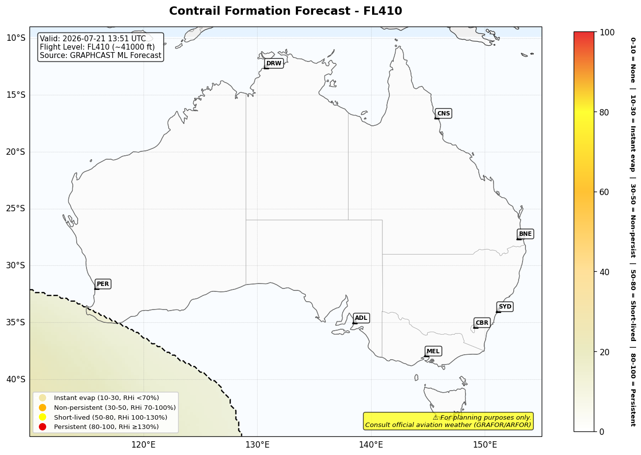Contrail forecast for FL410 at 2026-07-21 13:51 UTC