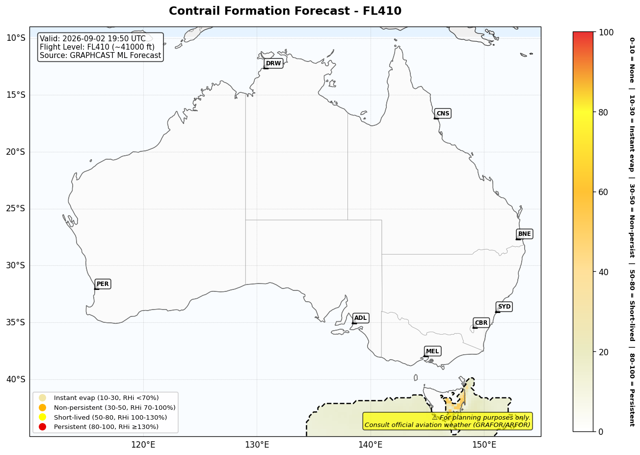 Contrail forecast for FL410 at 2026-09-02 19:50 UTC