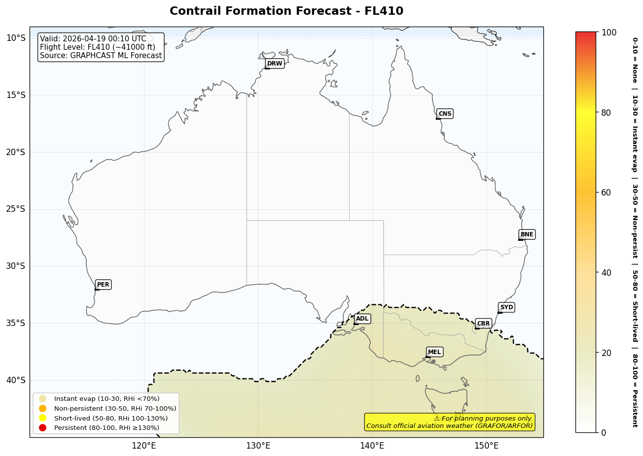Contrail forecast for FL410 at 2026-04-19 00:10 UTC