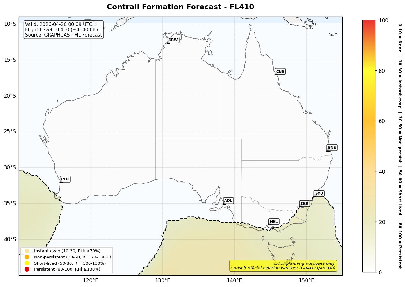 Contrail forecast for FL410 at 2026-04-20 00:09 UTC