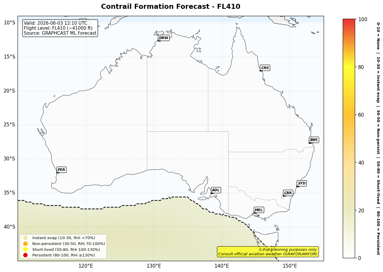 Contrail forecast for FL410 at 2026-06-03 12:10 UTC