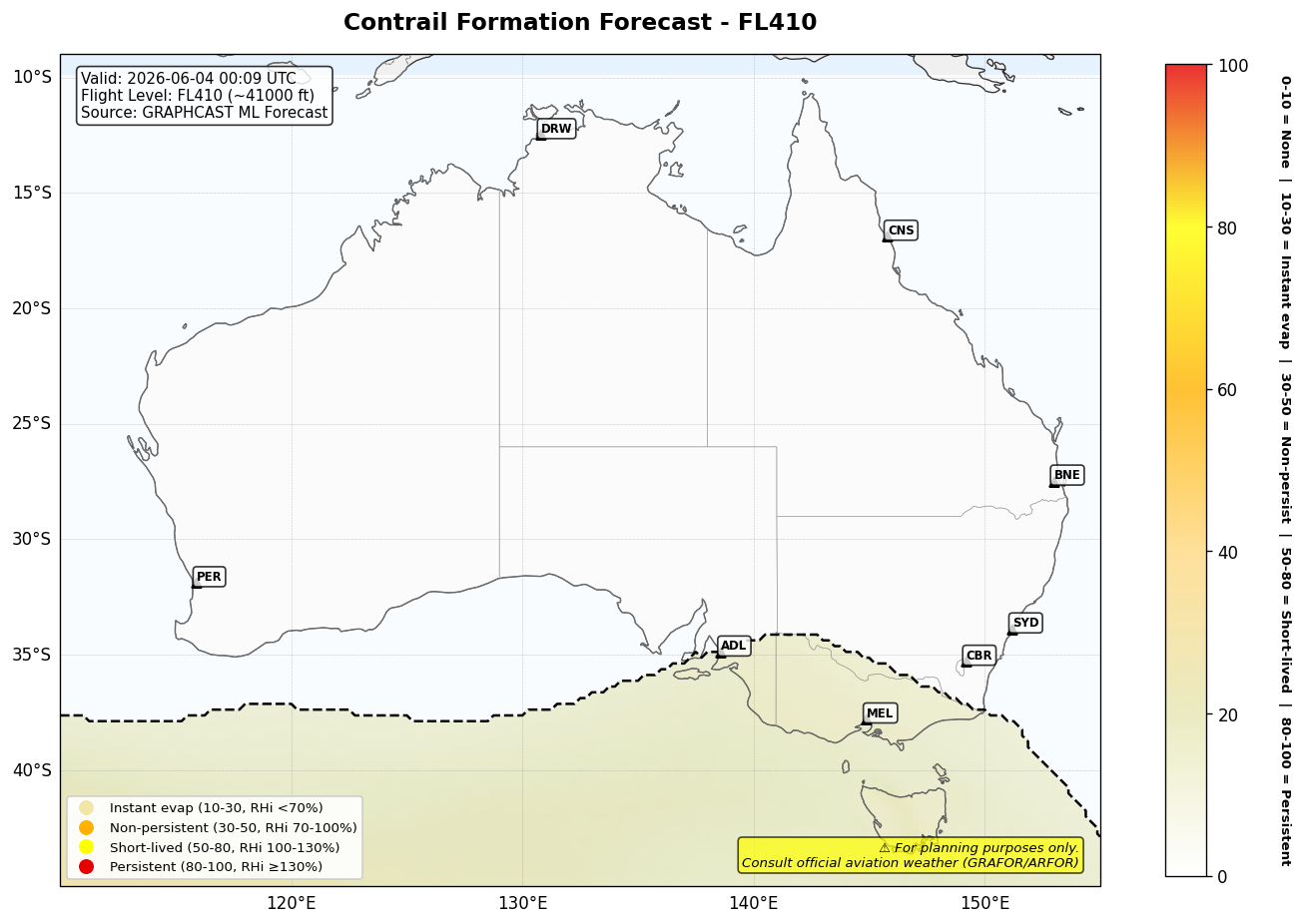 Contrail forecast for FL410 at 2026-06-04 00:09 UTC