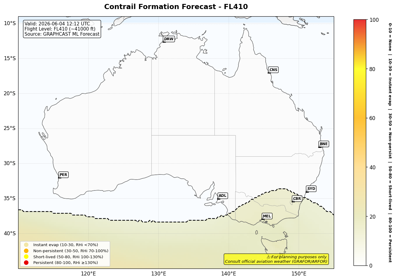 Contrail forecast for FL410 at 2026-06-04 12:12 UTC