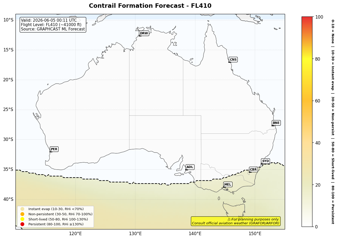Contrail forecast for FL410 at 2026-06-05 00:11 UTC