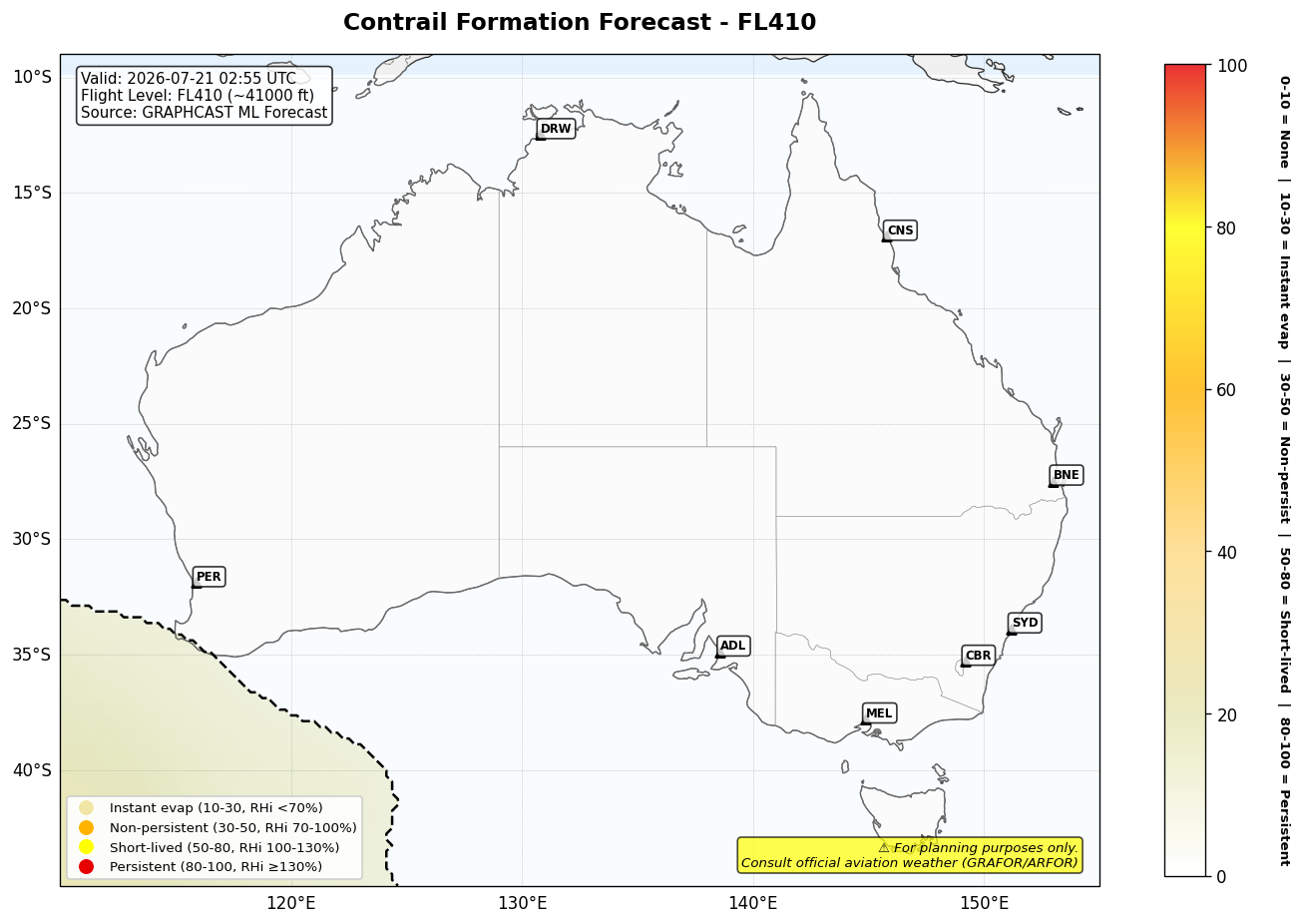 Contrail forecast for FL410 at 2026-07-21 02:55 UTC
